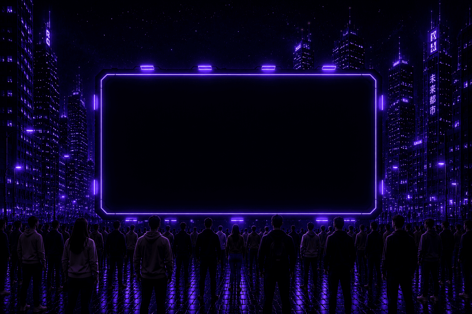 A crowd facing a glowing screen in a neon city